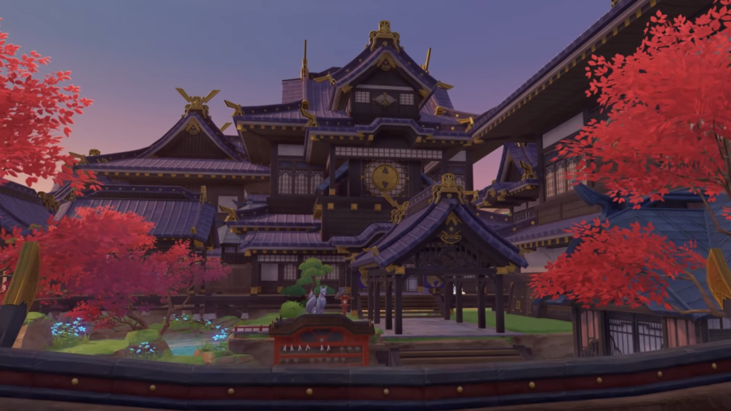 A massive Inazuma estate at sunset.