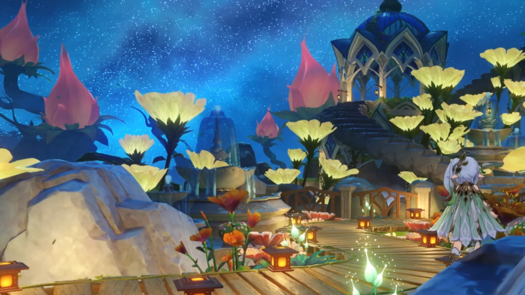 Nahida standing in a garden at night.
