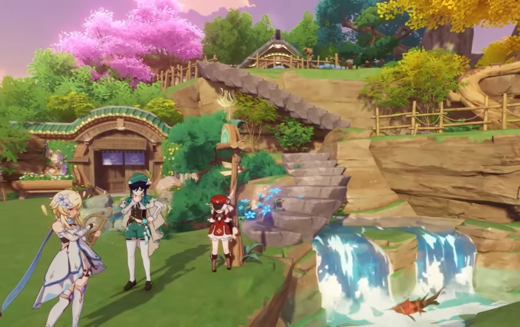 The female Traveler, Venti, and Klee standing in the Shire.