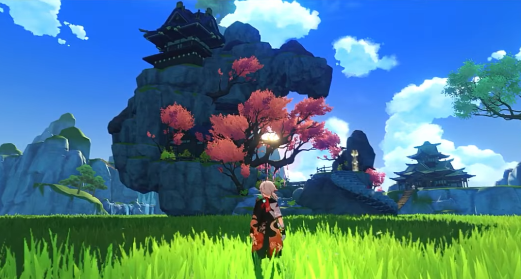 Kazuha looking up at a crescent rock formation with a house on top of it.