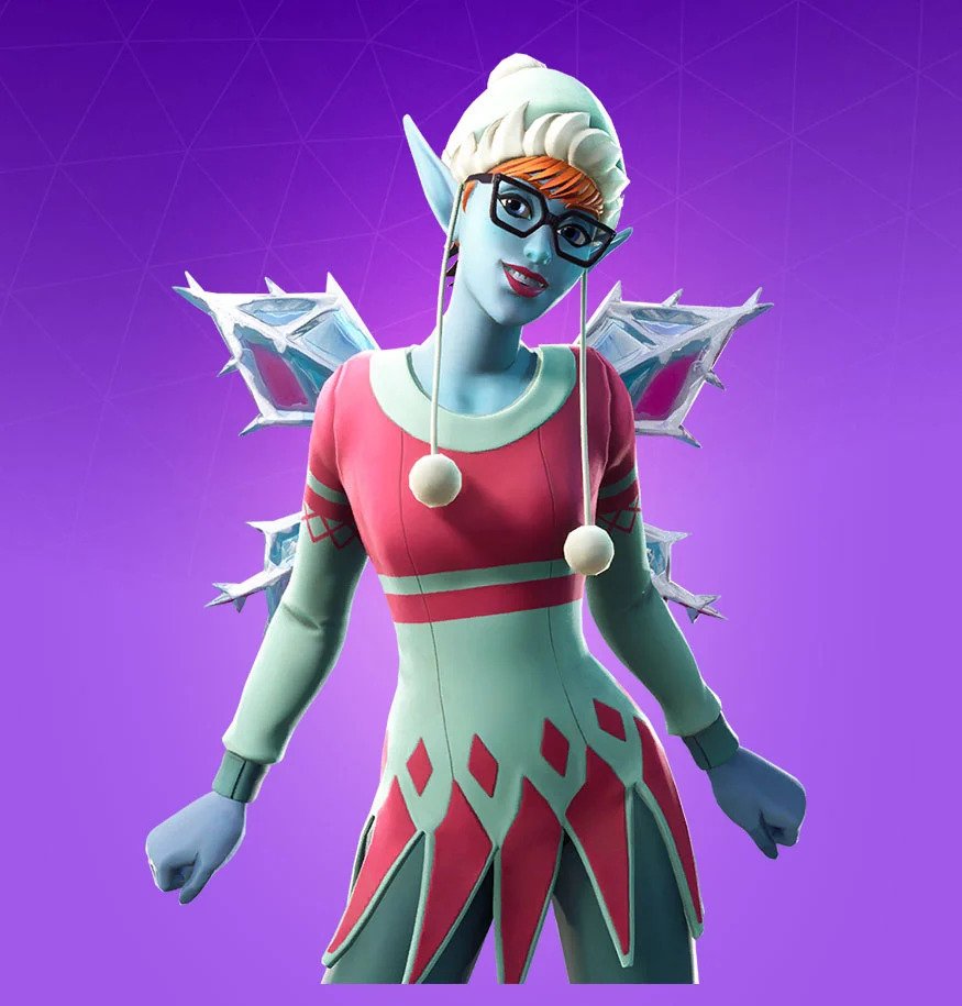 A light-blue-skinned fairy in Fortnite wearing a hat and ice-style wings.