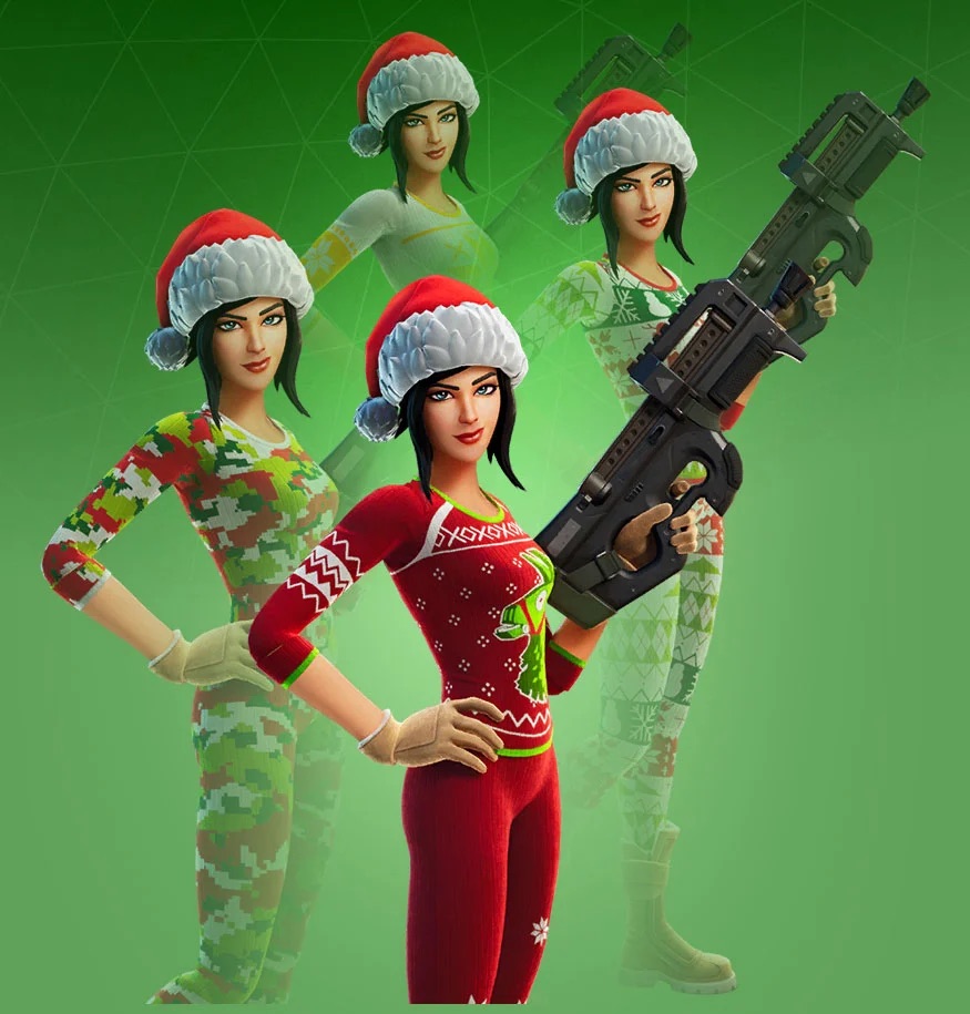 A female in Fortnite wearing an all-red suit, holding a machine gun.