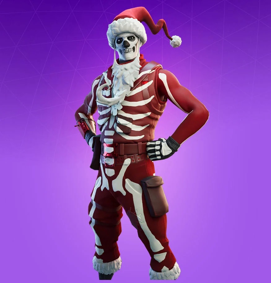 A Jonesy skeleton skin wearing a red suit with bones painted, along with a red santa hat.