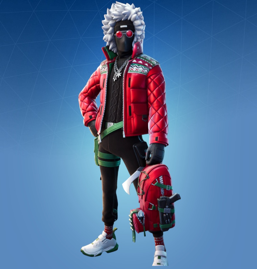 A skin in Fortnite in a black morph suit, wearing a red jacket with the hood up and red-lenses glasses.