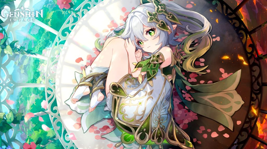 The five-star Dendro Catalsyt character Nahida curled up on the ground with half of it being vibrant and booming and the other half covered in flames and burning away,.