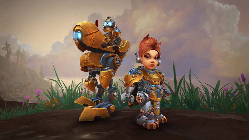 Two Mechagnomes: one standing and the other one sitting on their race mount