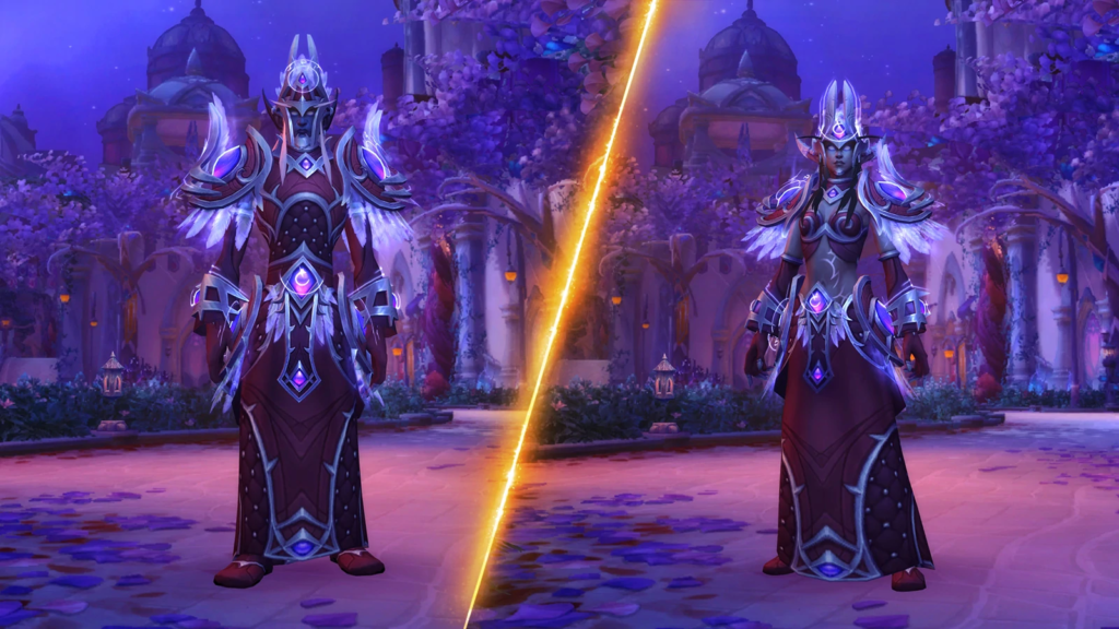 Two Nightbrone Elves standing and wearing Heritage Armor